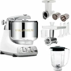Assistent Original AKM 6230 kjøkkenmaskin med kjøttkvern, skjæretilbehør og blenderkanne, glossy white
