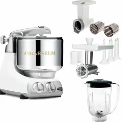 Assistent Original AKM 6230 kjøkkenmaskin med kjøttkvern, skjæretilbehør og blenderkanne, glossy white