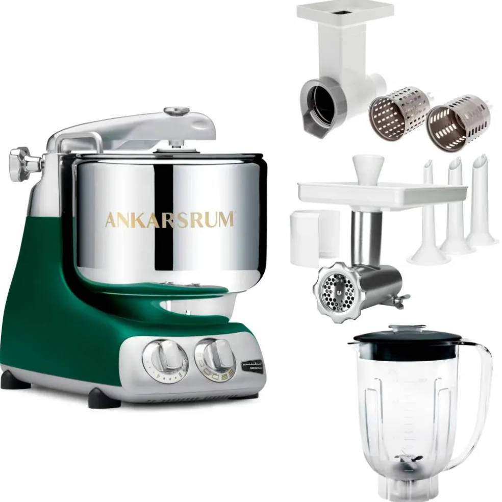 Assistent Original AKM 6230 kjøkkenmaskin med kjøttkvern, skjæretilbehør og blenderkanne, forest green