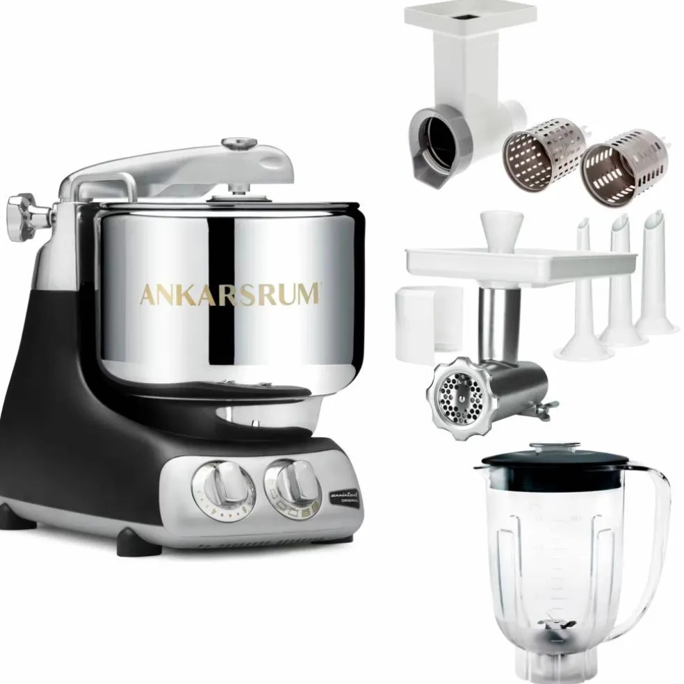 Assistent Original AKM 6230 kjøkkenmaskin med kjøttkvern, skjæretilbehør og blenderkanne, jubilee silver