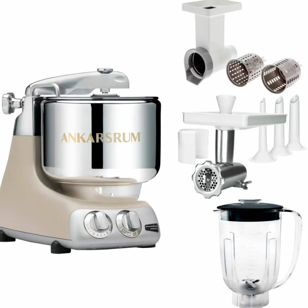 Assistent Original AKM 6230 kjøkkenmaskin med kjøttkvern, skjæretilbehør og blenderkanne, light creme