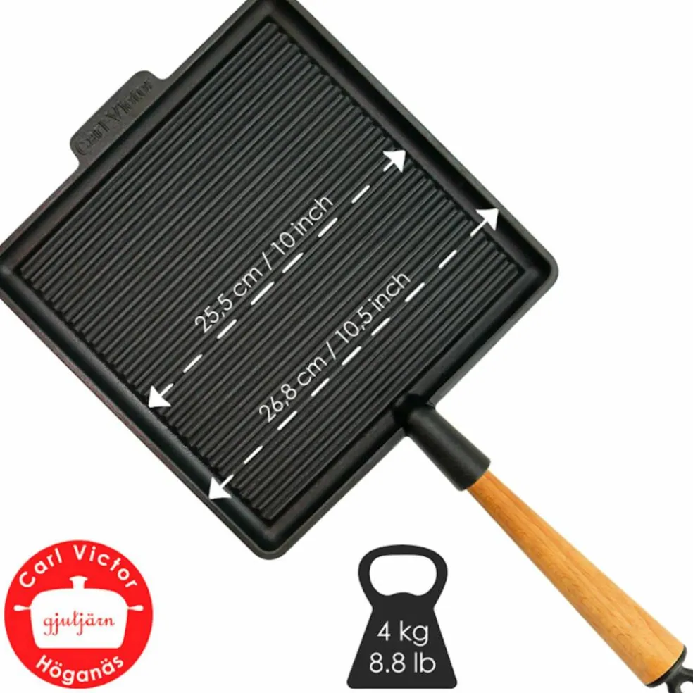 Firkantet grillpanne i støpejern 28 cm, stålhåndtak