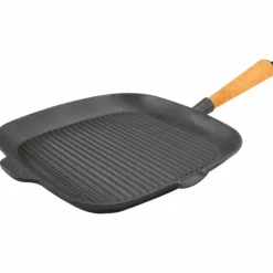 Firkantet grillpanne i støpejern 28 cm med høye kanter, bøketre