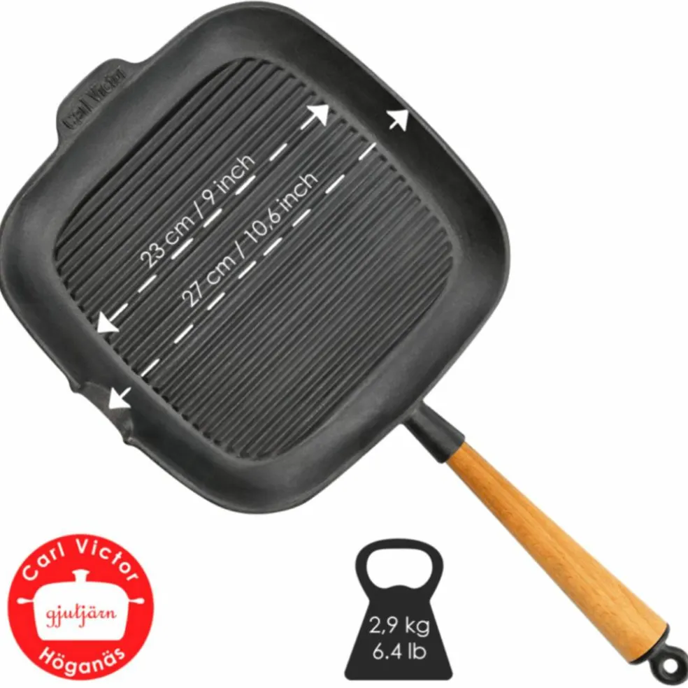 Firkantet grillpanne i støpejern 28 cm med høye kanter, stålhåndtak