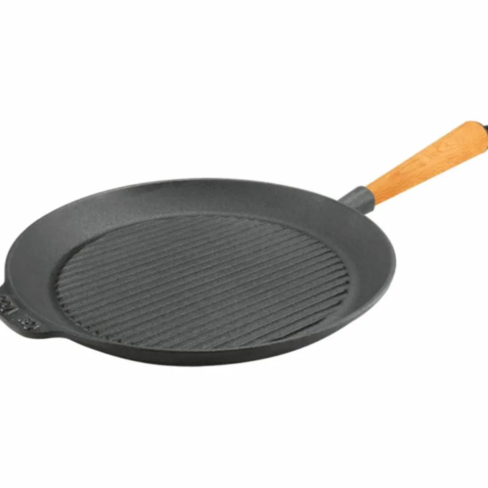 Grillpanne i støpejern 28 cm, håndtak i bøketre