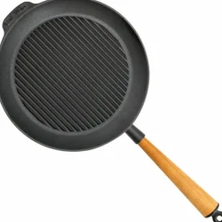Grillpanne i støpejern 28 cm, håndtak i bøketre