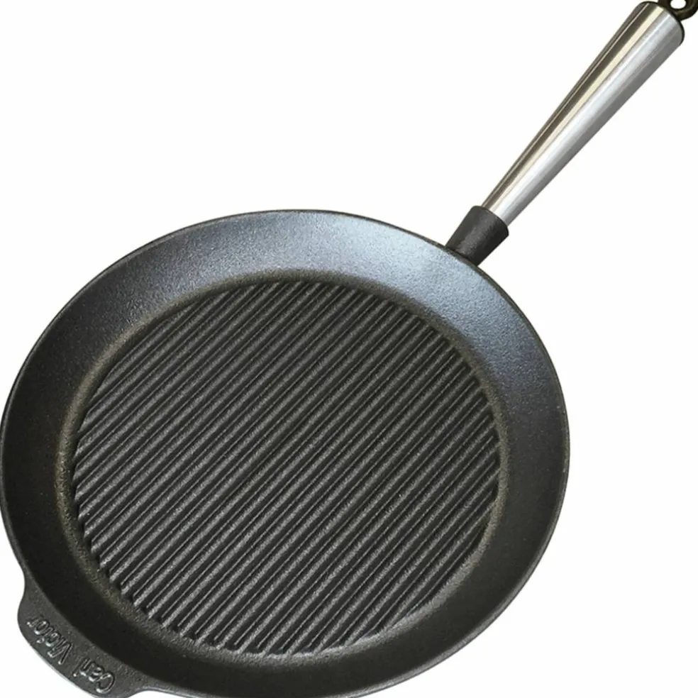 Grillpanne i støpejern 28 cm, håndtak i bøketre