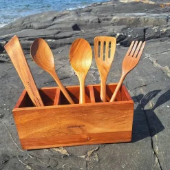 Kjøkkenredskaper med holder, 5 deler, teak