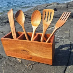 Kjøkkenredskaper med holder, 5 deler, teak