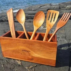 Kjøkkenredskaper med holder, 5 deler, teak