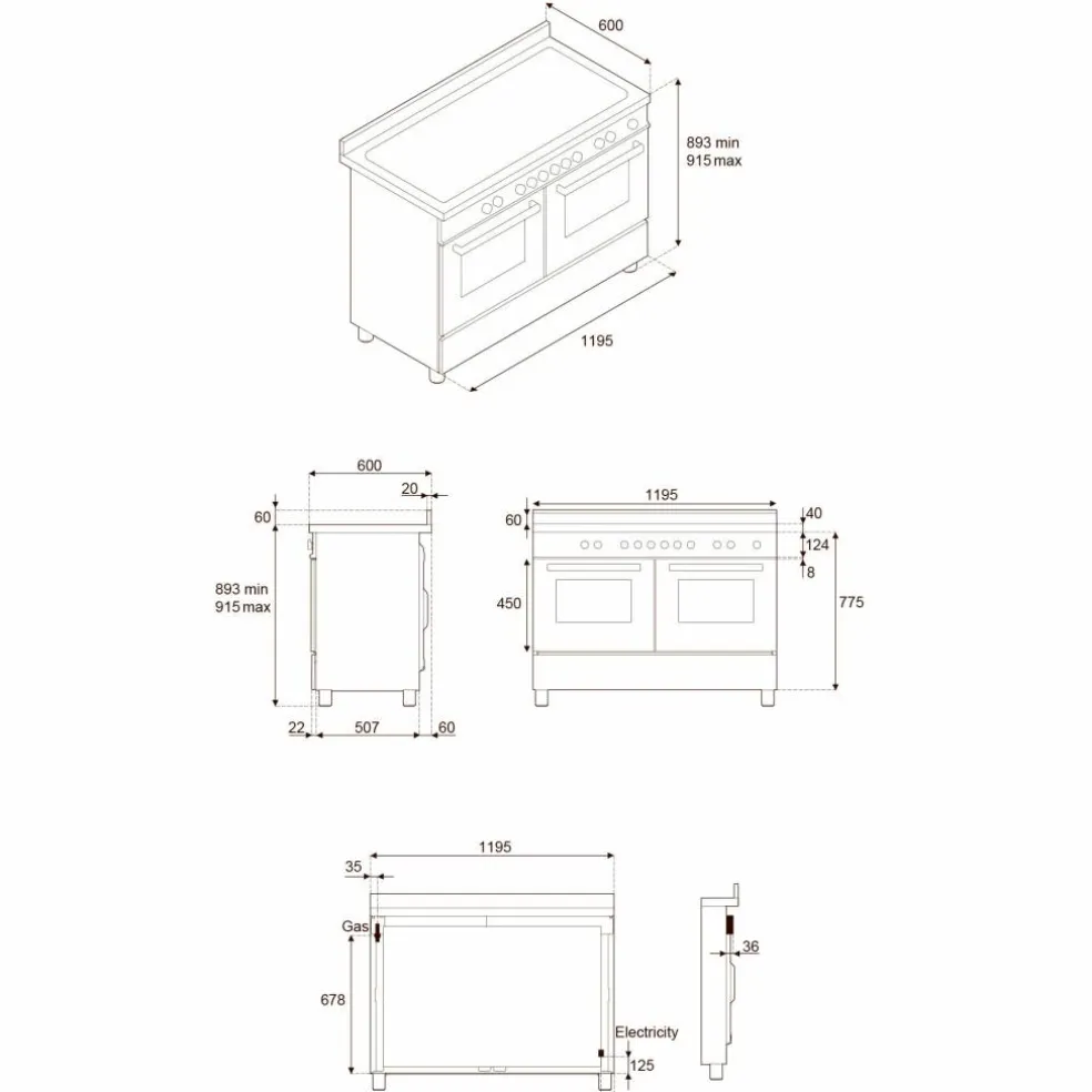 MAS125I2EXT2 Master induksjonskomfyr 120 cm med 5 soner, stekebord og 2 ovner, rustfritt stål