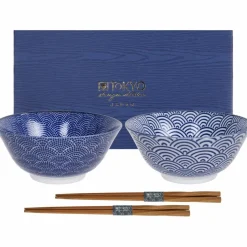 Nippon Blue skålsett + spisepinner, prikker/bølger