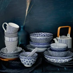 Nippon Blue skålsett + spisepinner, prikker/bølger