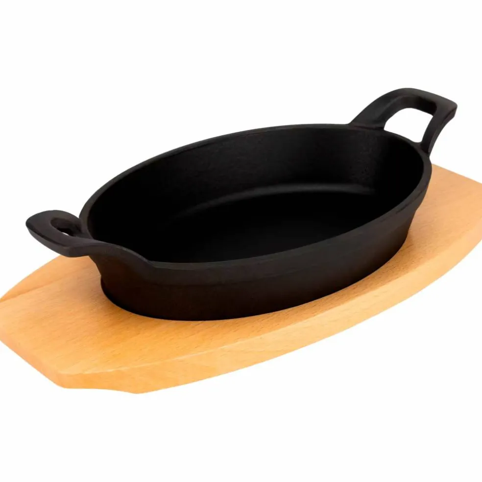 Oval gjutjärnspanna 22 cm, underlägg i trä