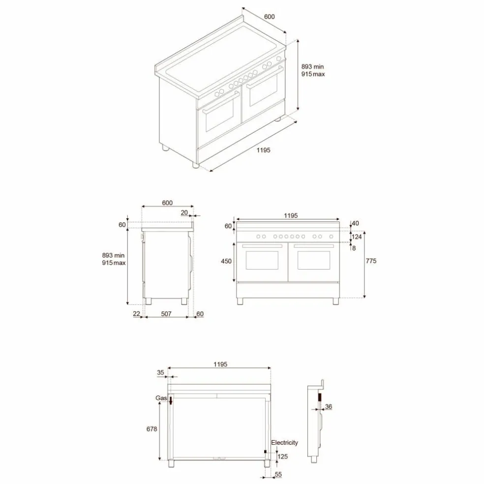 PRO126G2EXT2 Professional gasskomfyr 120 cm med 6 brennere, elektrisk stekebord og 2 ovner, rustfritt stål