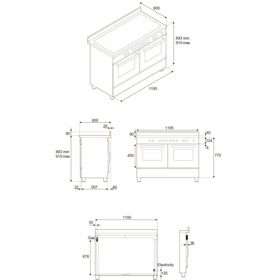 PRO125I2EROT2 Professional induksjonskomfyr 120 cm med 5 soner, elektrisk stekebord og 2 ovner, rød