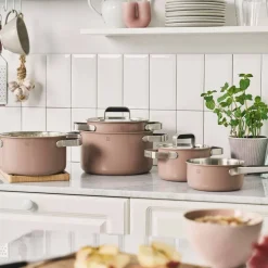 Pure grytesett 3 deler + 2 lokk, rustfritt stål, hvit/cream