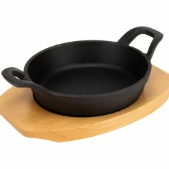 Serveringsform i støpejern 16 cm, bordskåner i tre