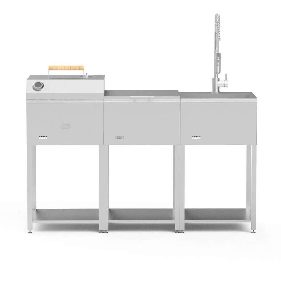 Utekjøkkenpakke B: kullgrill + sidebord + vask, rustfritt stål