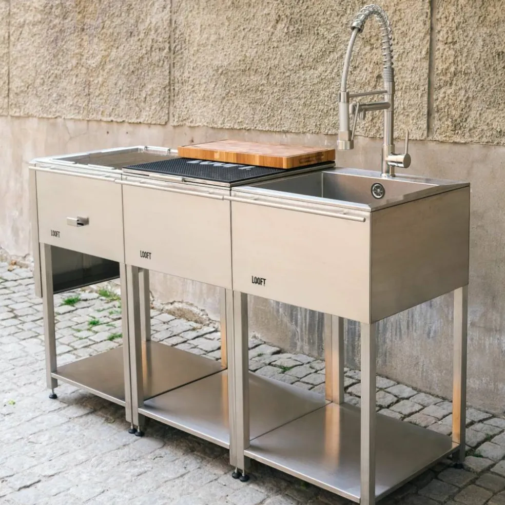 Utekjøkkenpakke B: kullgrill + sidebord + vask, rustfritt stål