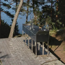 Utekjøkkenpakke C: kullgrill + 2 sidebord + vask, rustfritt stål