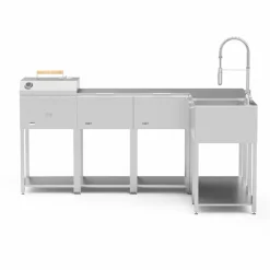Utekjøkkenpakke L: kullgrill + 4 sidebord + vask, rustfritt stål